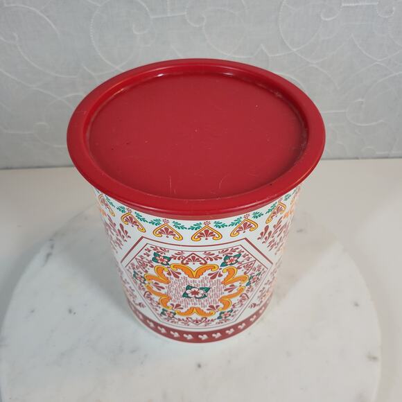 VINTGE Tupperware One Touch Canister Red Lidded Orange Rosemaling Tole Red 90s - Picture 10 of 14